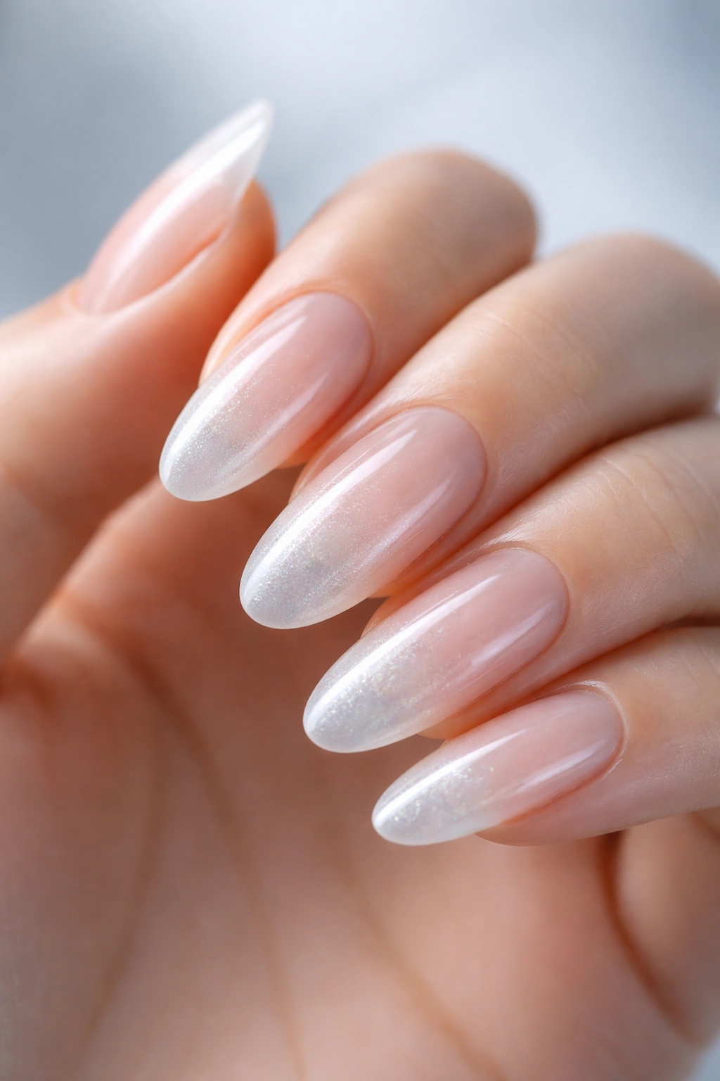 Close-up of ombré sheer glass nail with translucent gradient