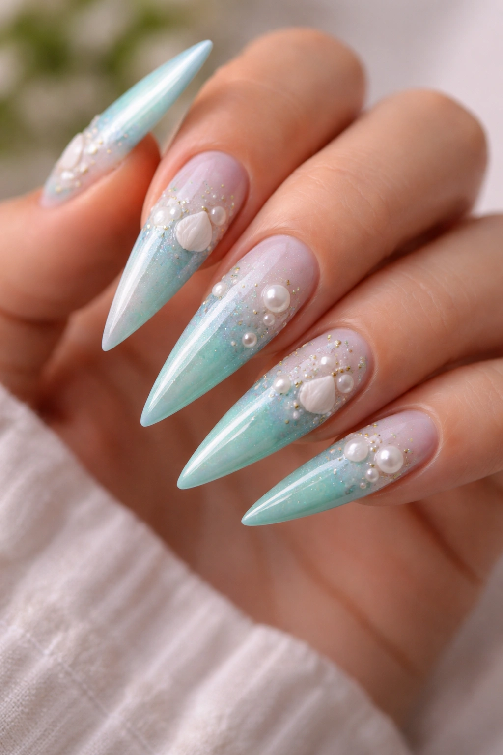 Stiletto nail with blue-to-green ombré and shell and pearl accents