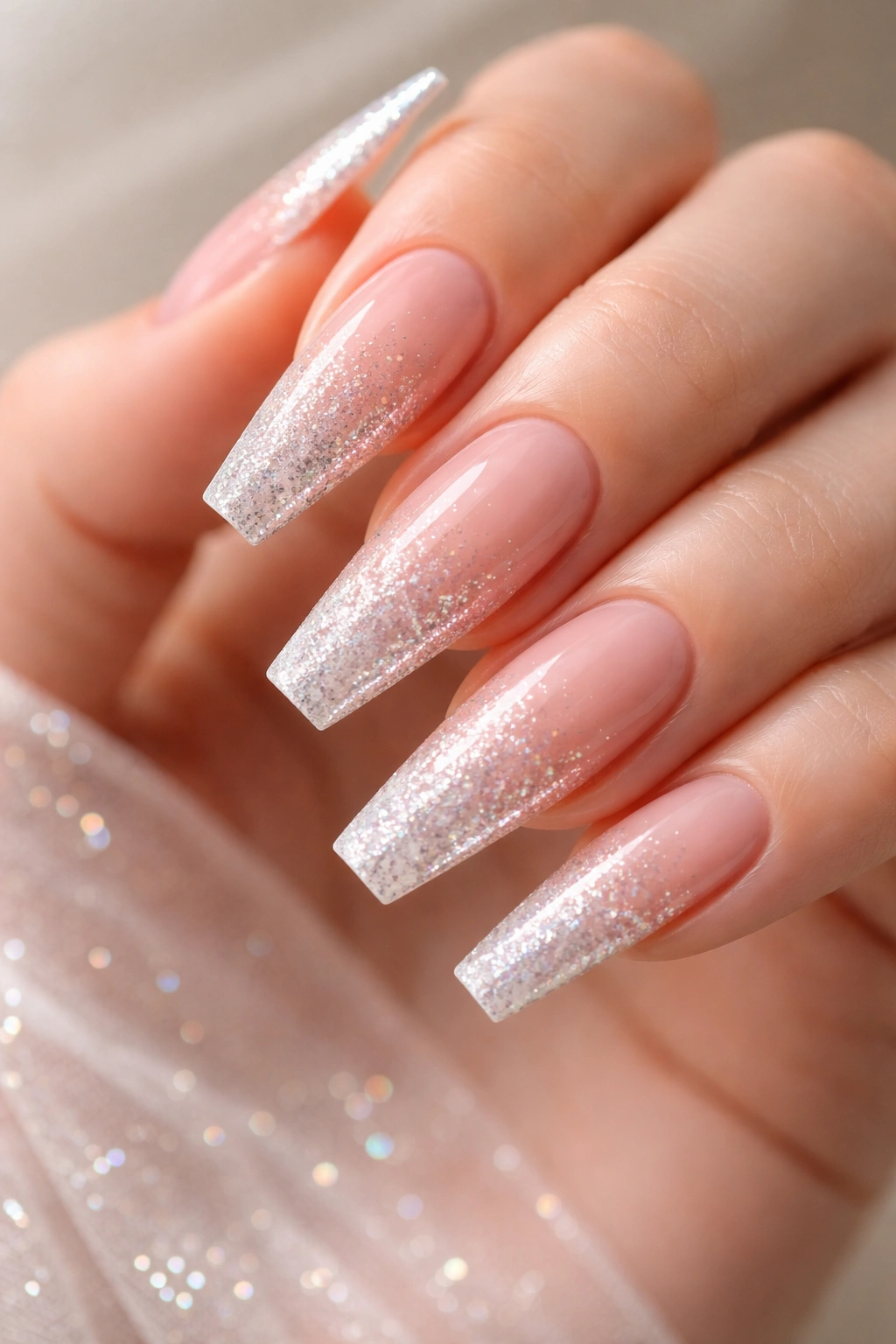 Close-up of coffin nails with an ombre sparkle gradient on a bare hand
