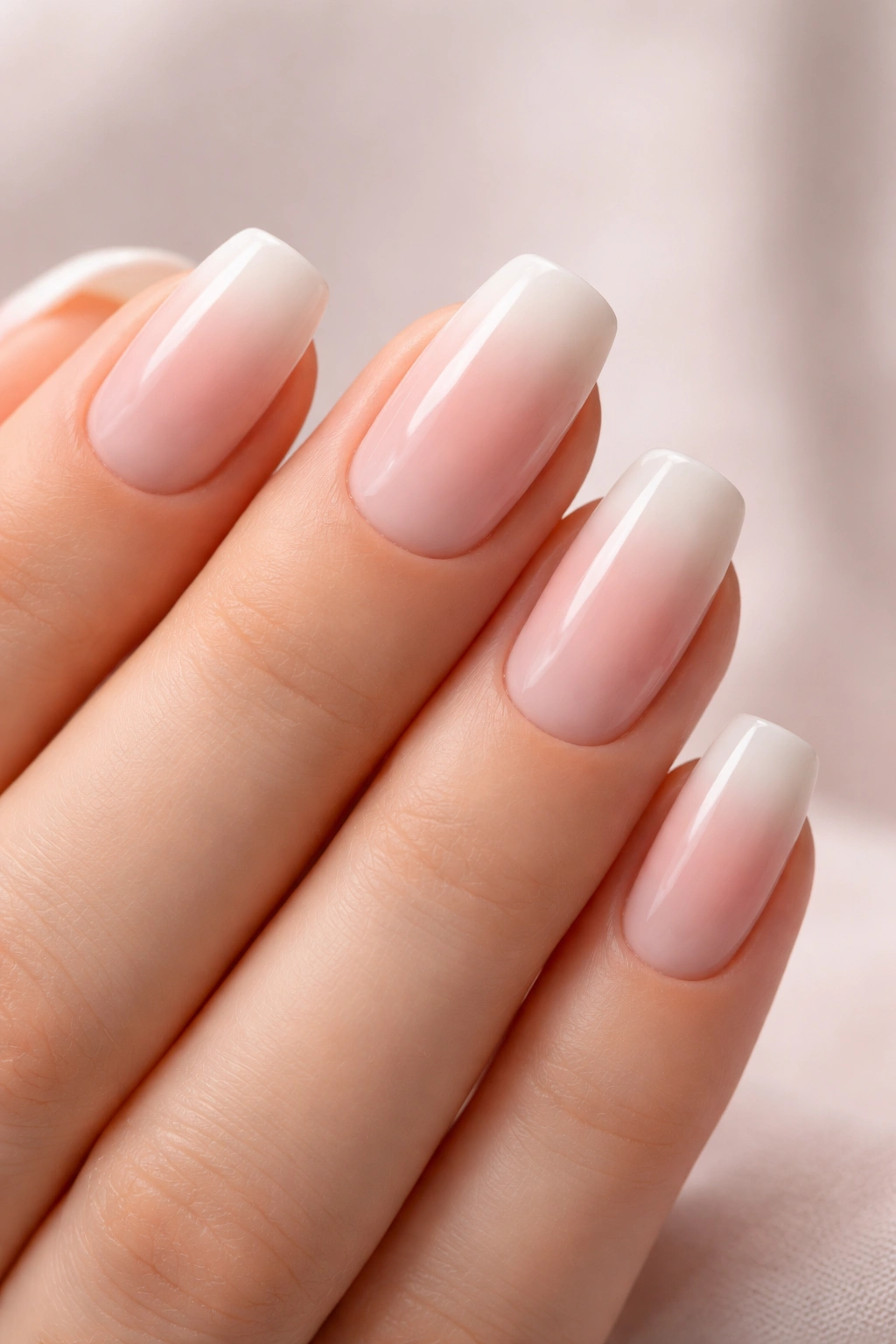Ombre squoval nails blending blush to white on hand