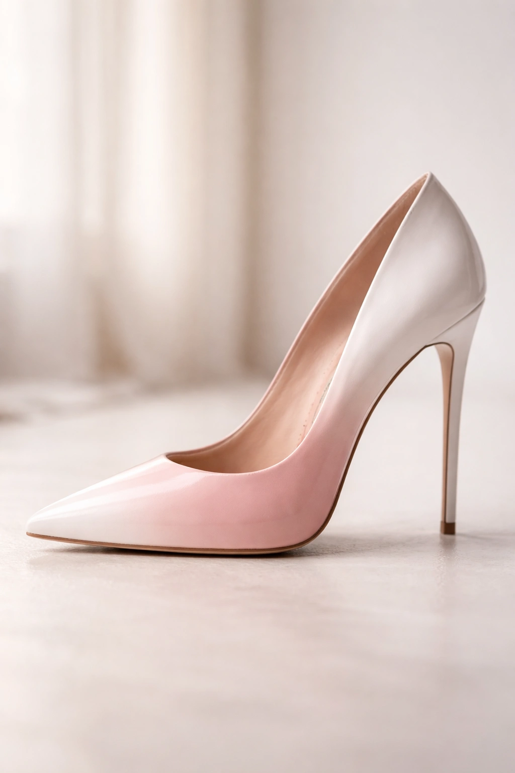 Close-up of a stiletto heel with blush to white ombre gradient on a neutral studio background