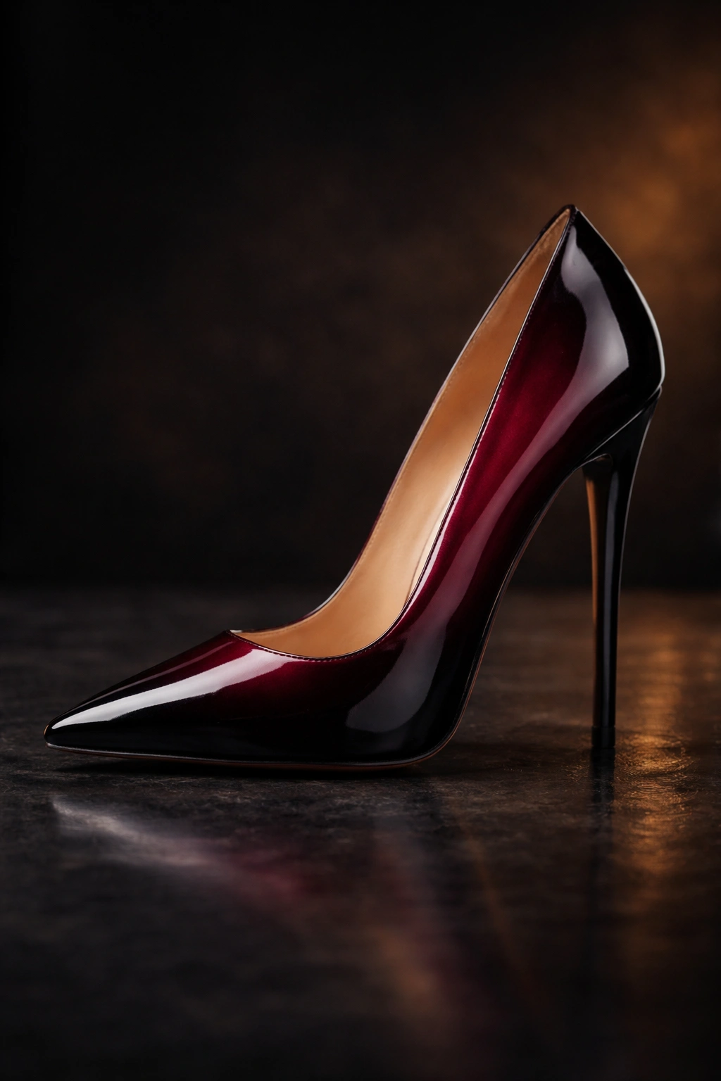 Stiletto with burgundy to black ombre gradient on a dark studio backdrop