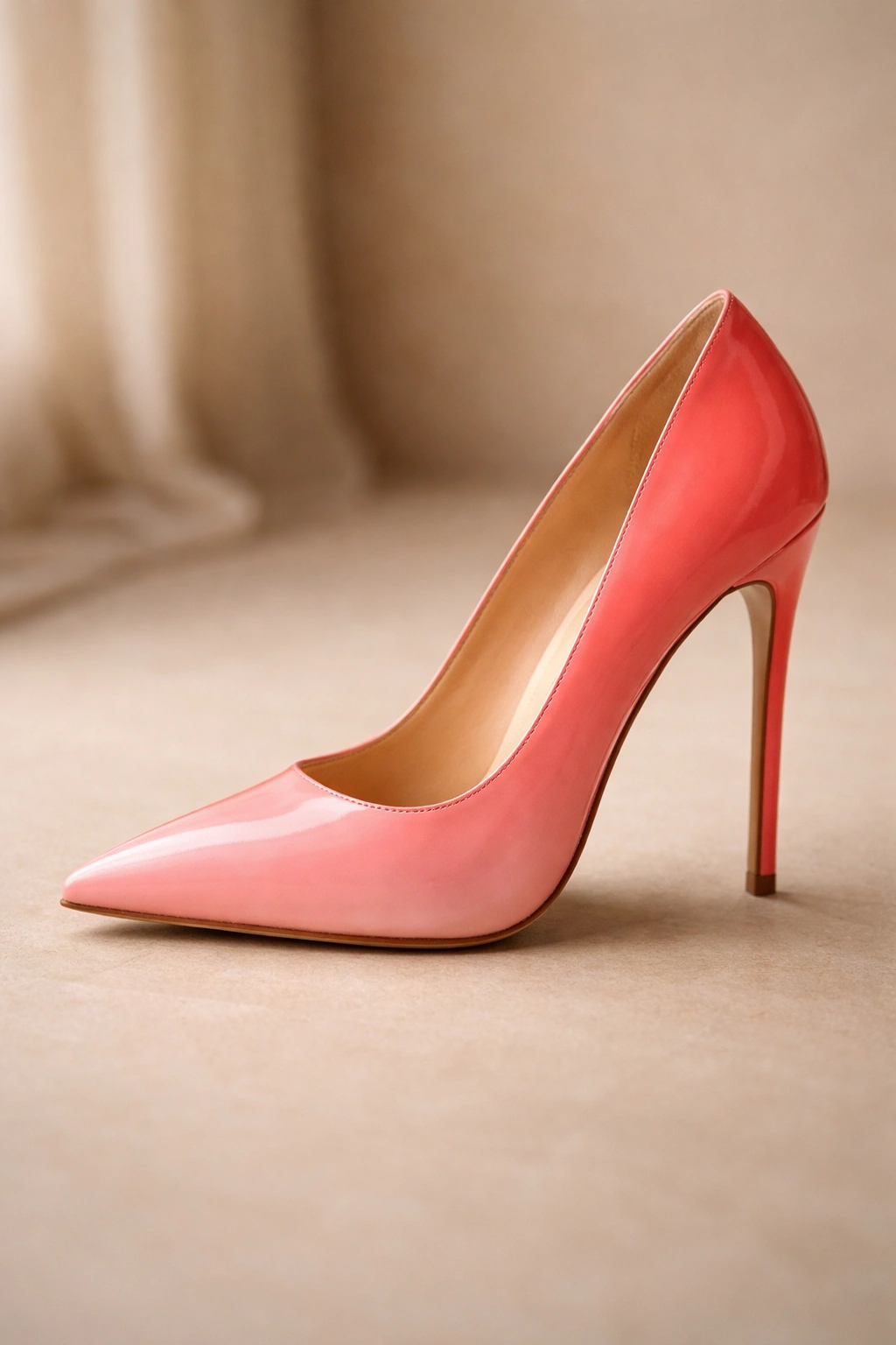Coral to pink ombre stiletto against a warm studio backdrop