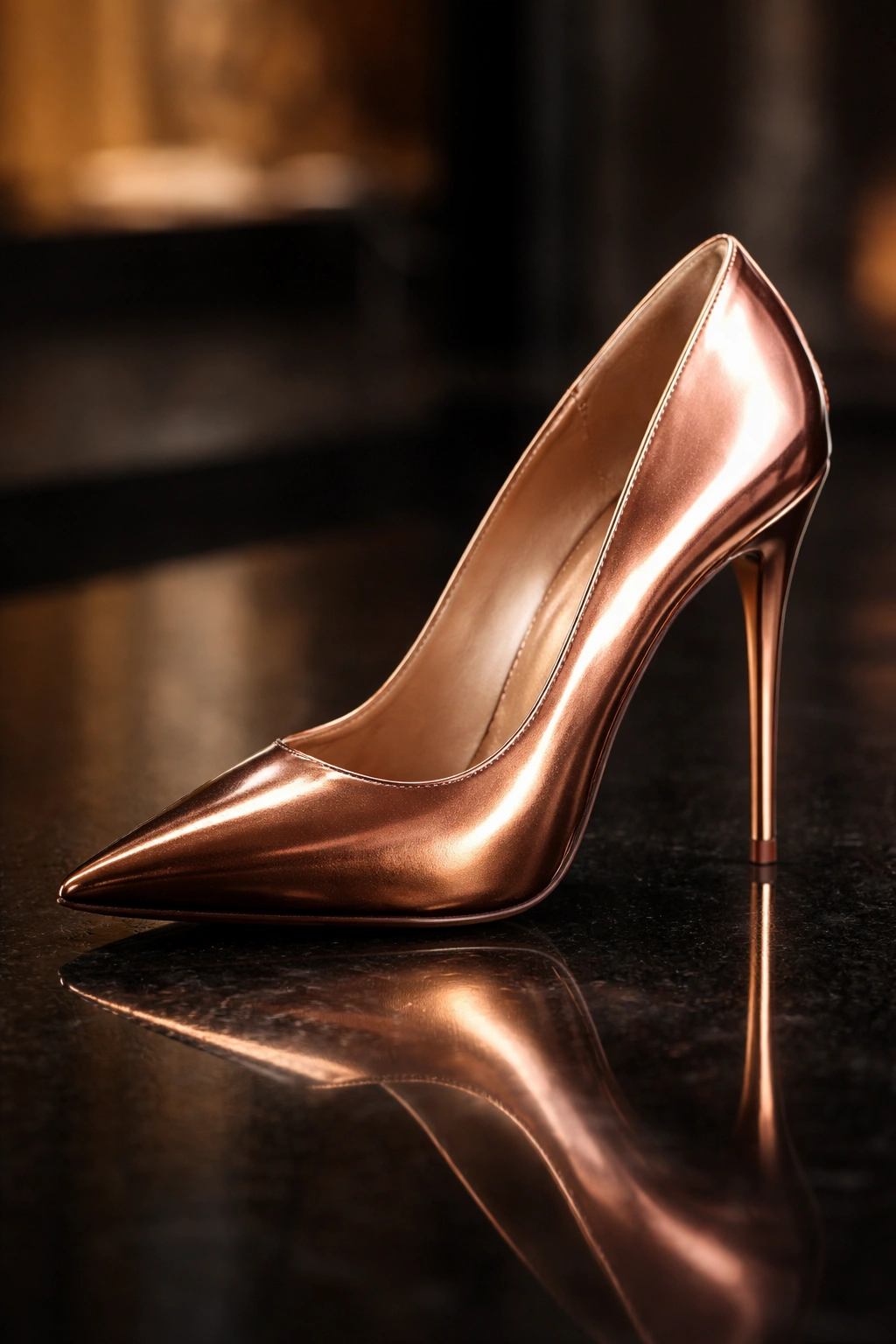 Rose gold to bronze ombre stiletto on a reflective black surface