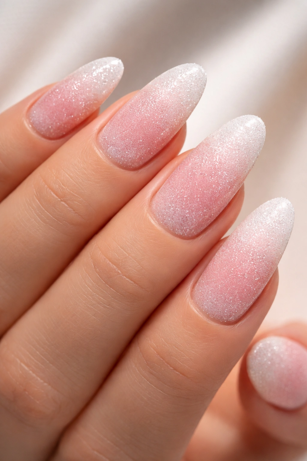 Ombre sugar nails with white to pink gradient and crystal texture
