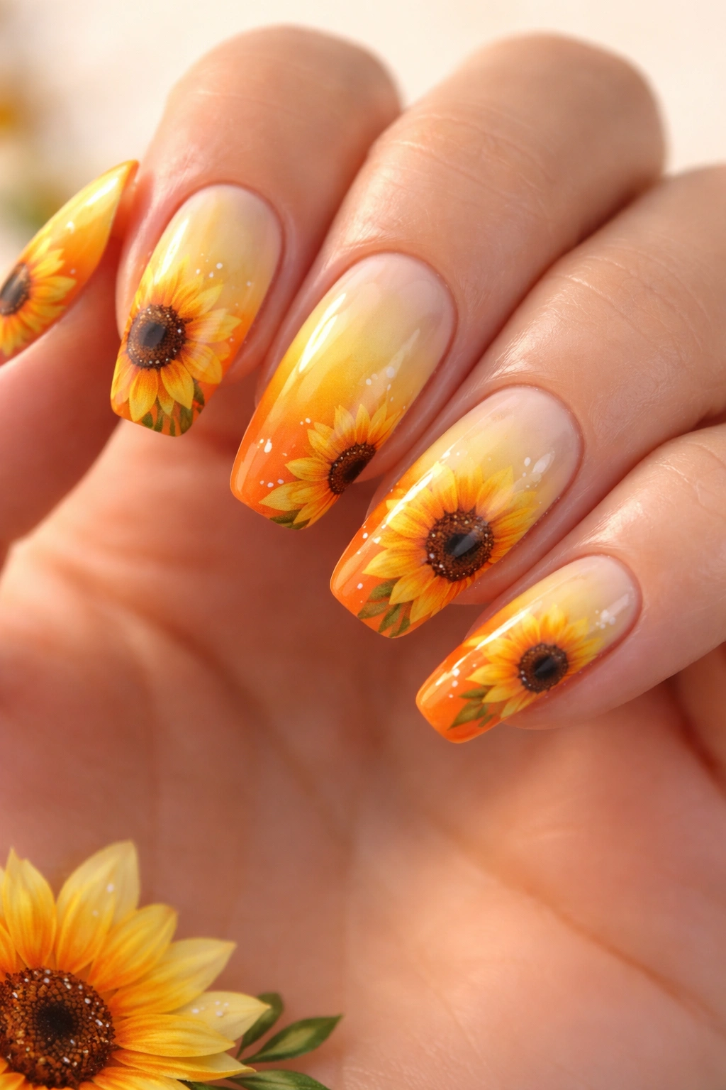 Ombre nails from yellow to orange with sunflower designs along gradient.
