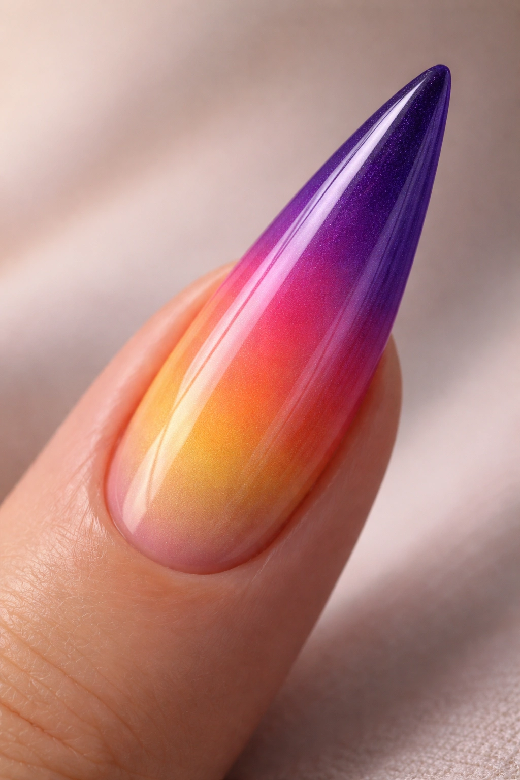 Stiletto nail with sunset to purple gradient on a neutral background