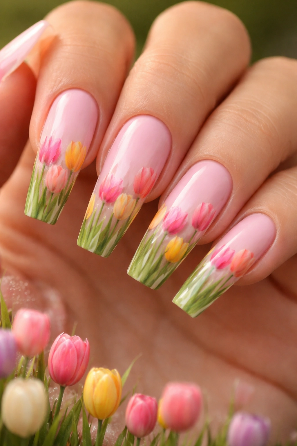 Close-up of five coffin nails with tulip ombré colors and varying tulip heights