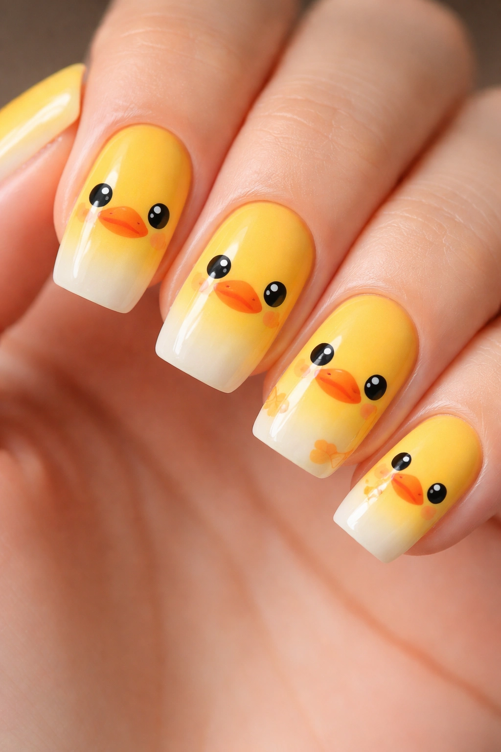 Yellow duck face on a nail with bright-to-pale ombré gradient