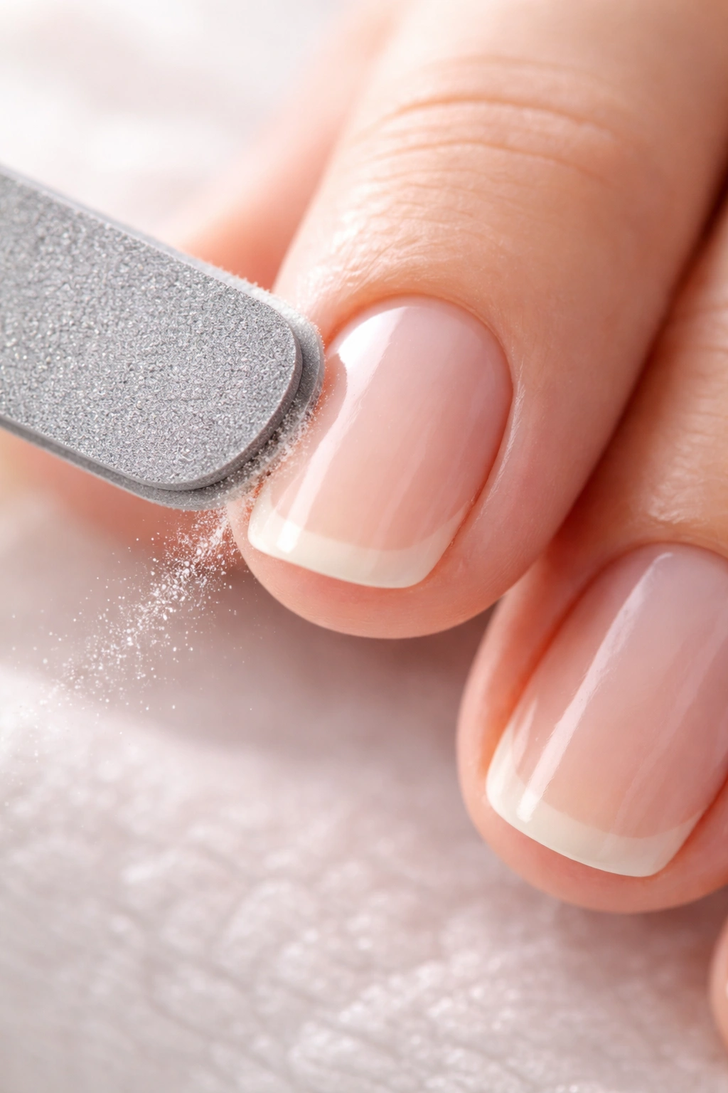 Nail being filed in a single-direction stroke