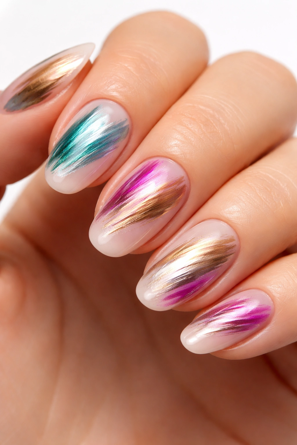 Close-up nails showing metallic brush-stroke nail art on base color