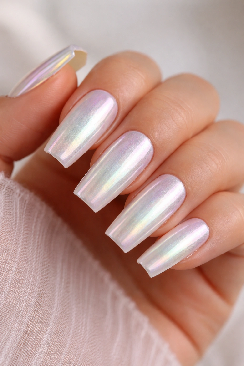 Pearl opal chrome ballerina nails showing blue pink green shifts on milky base
