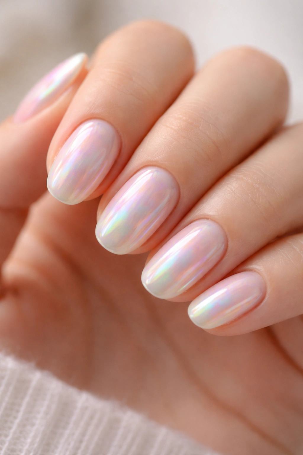 Close-up of short oval nails with opal chrome displaying pink, blue, and green shifts
