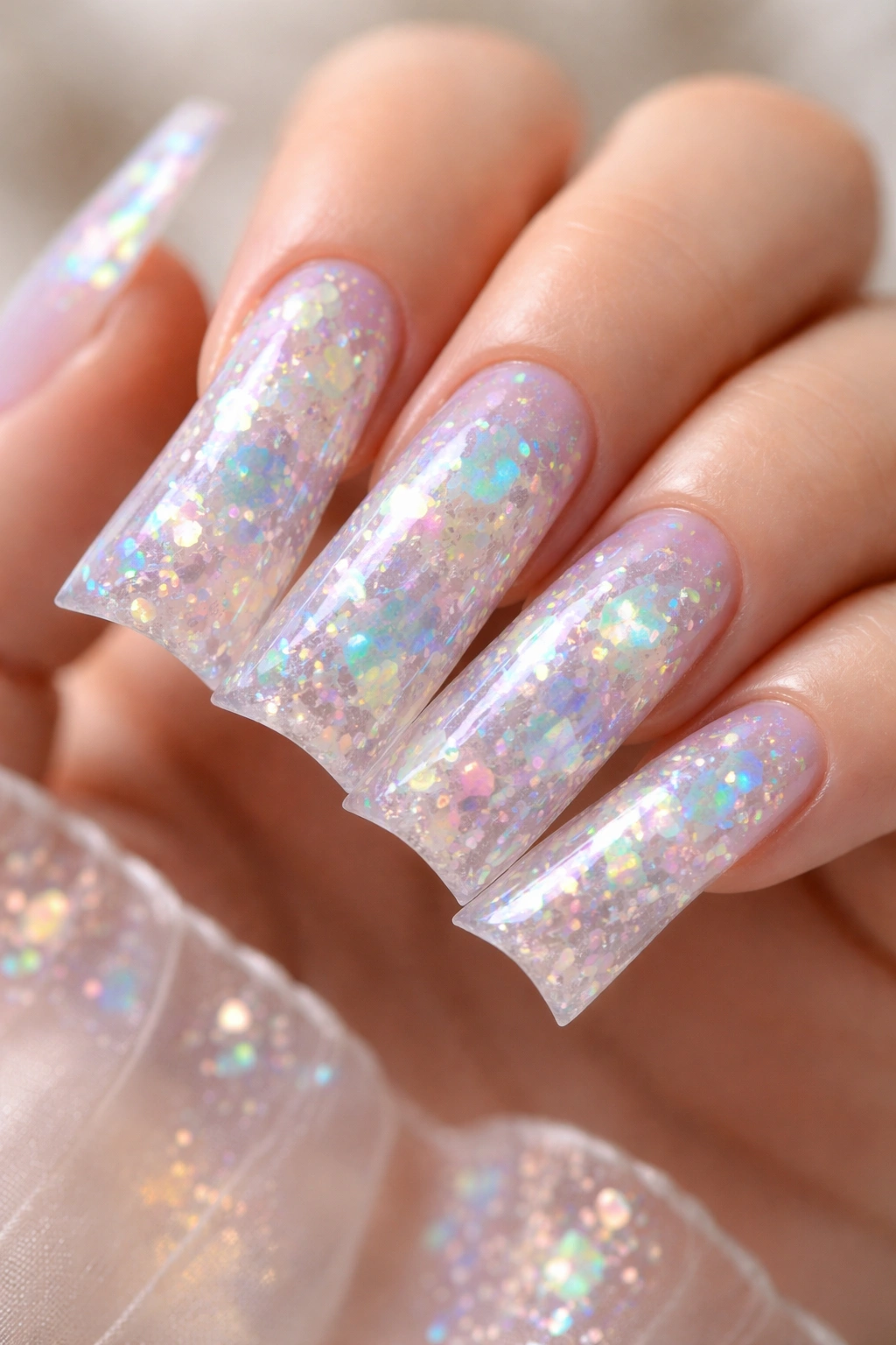 Duck nails with opal flakes creating dreamlike iridescence