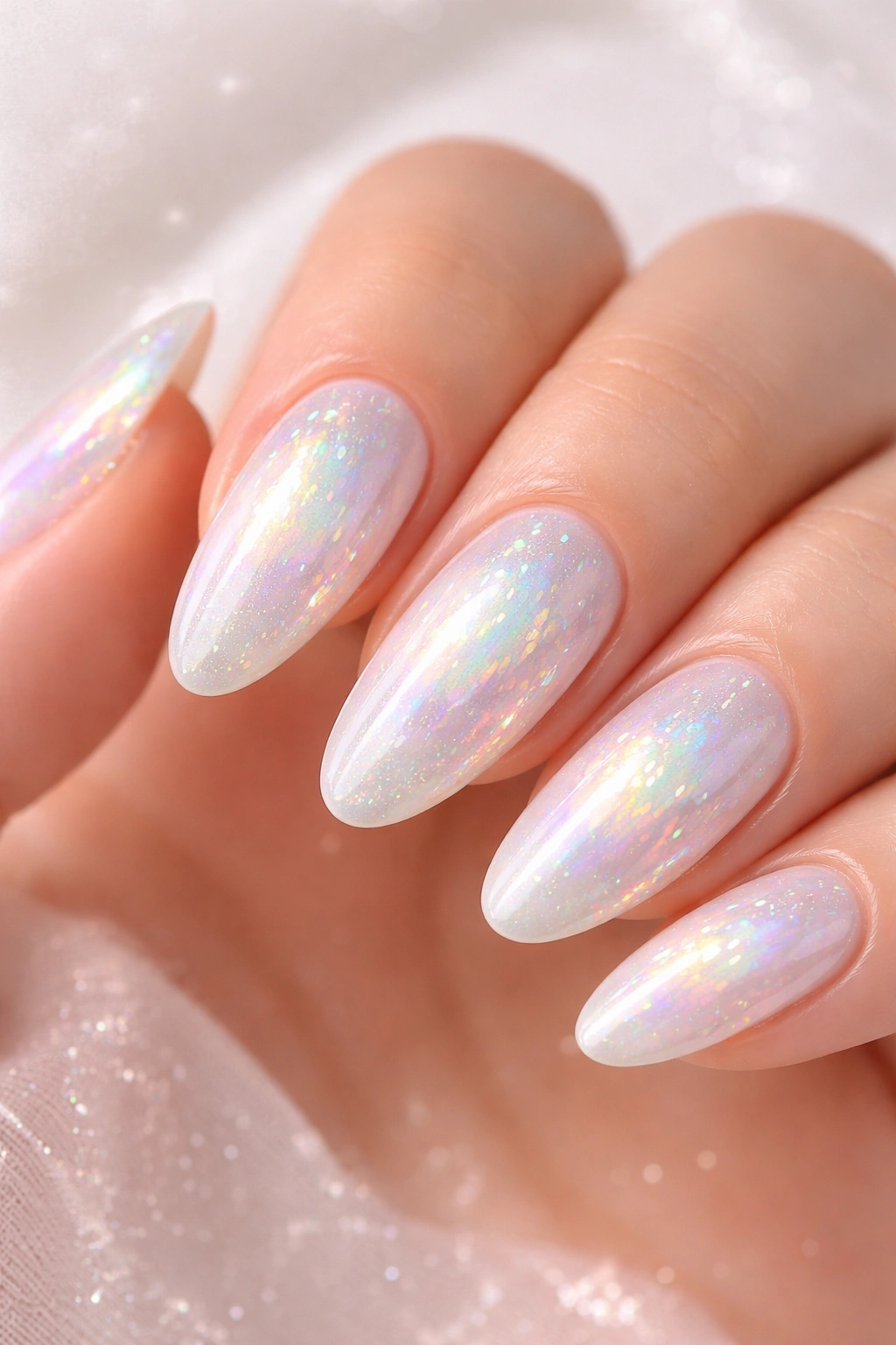 Nails with iridescent opal-effect showing color shifts