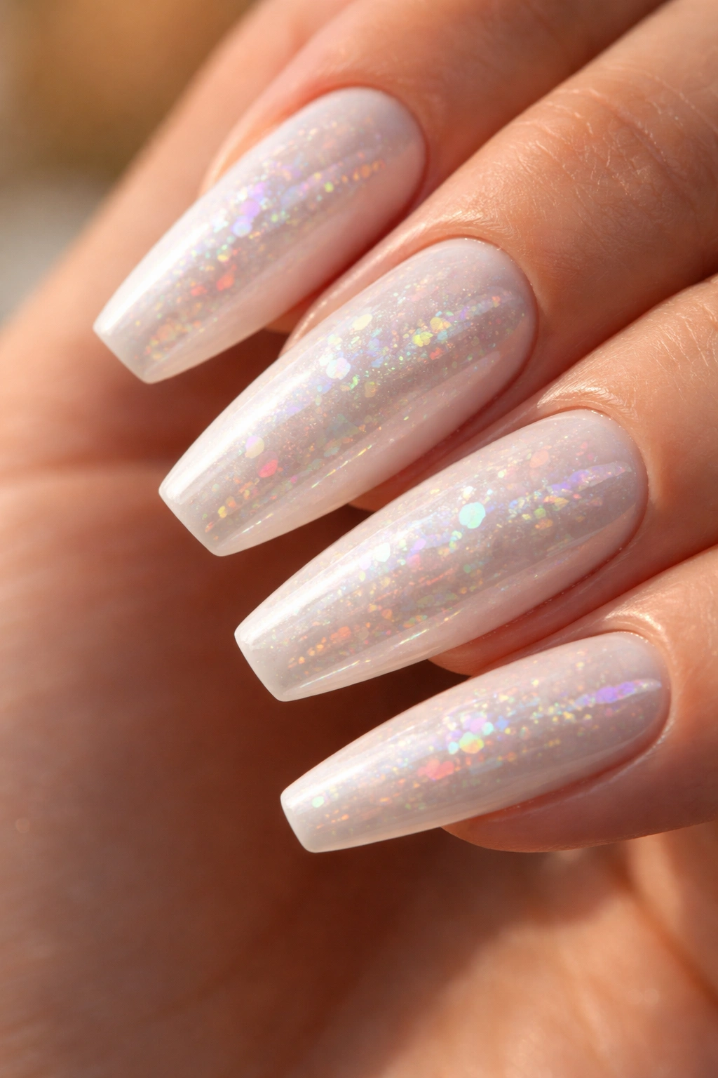Opal-flake white chrome nails displaying color shifts under light