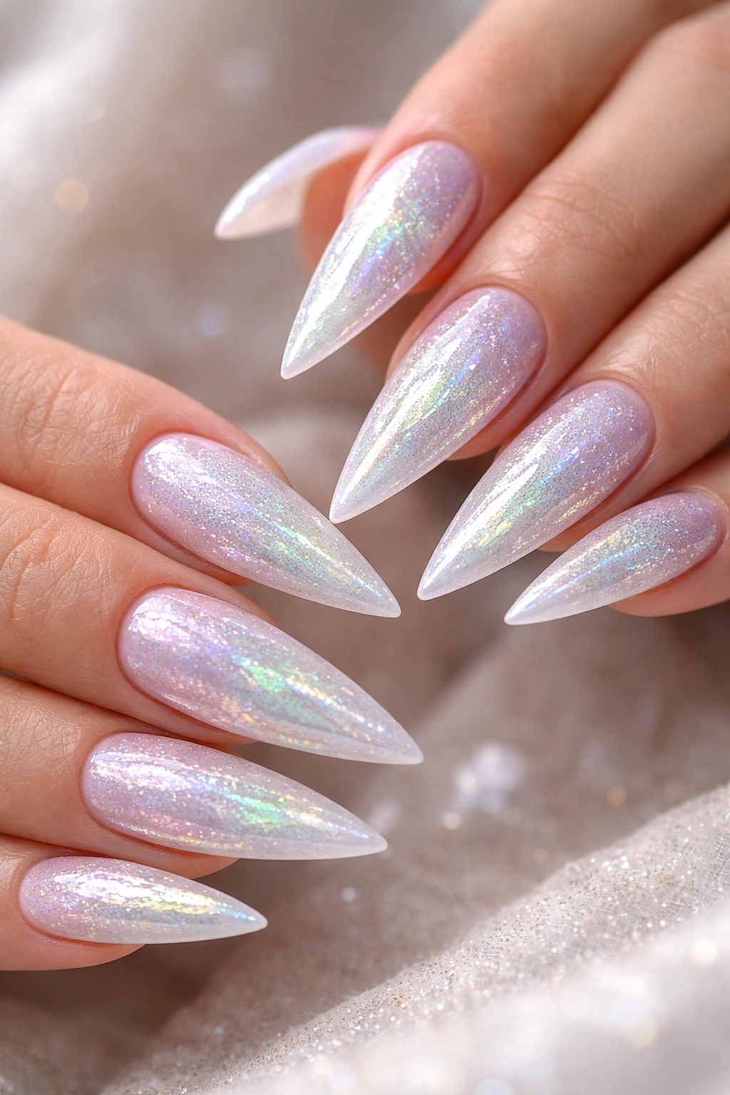 Frosty opal stiletto nails with iridescent frost