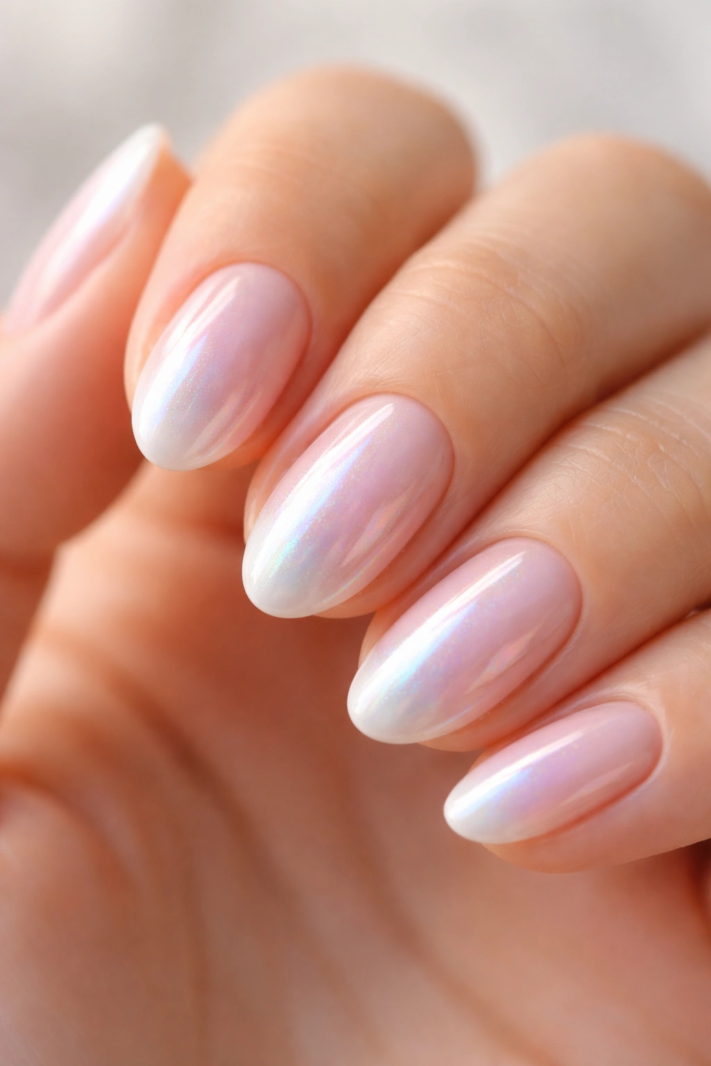 Close-up of opal glaze on milky nude base on short almond nails with iridescent color shift