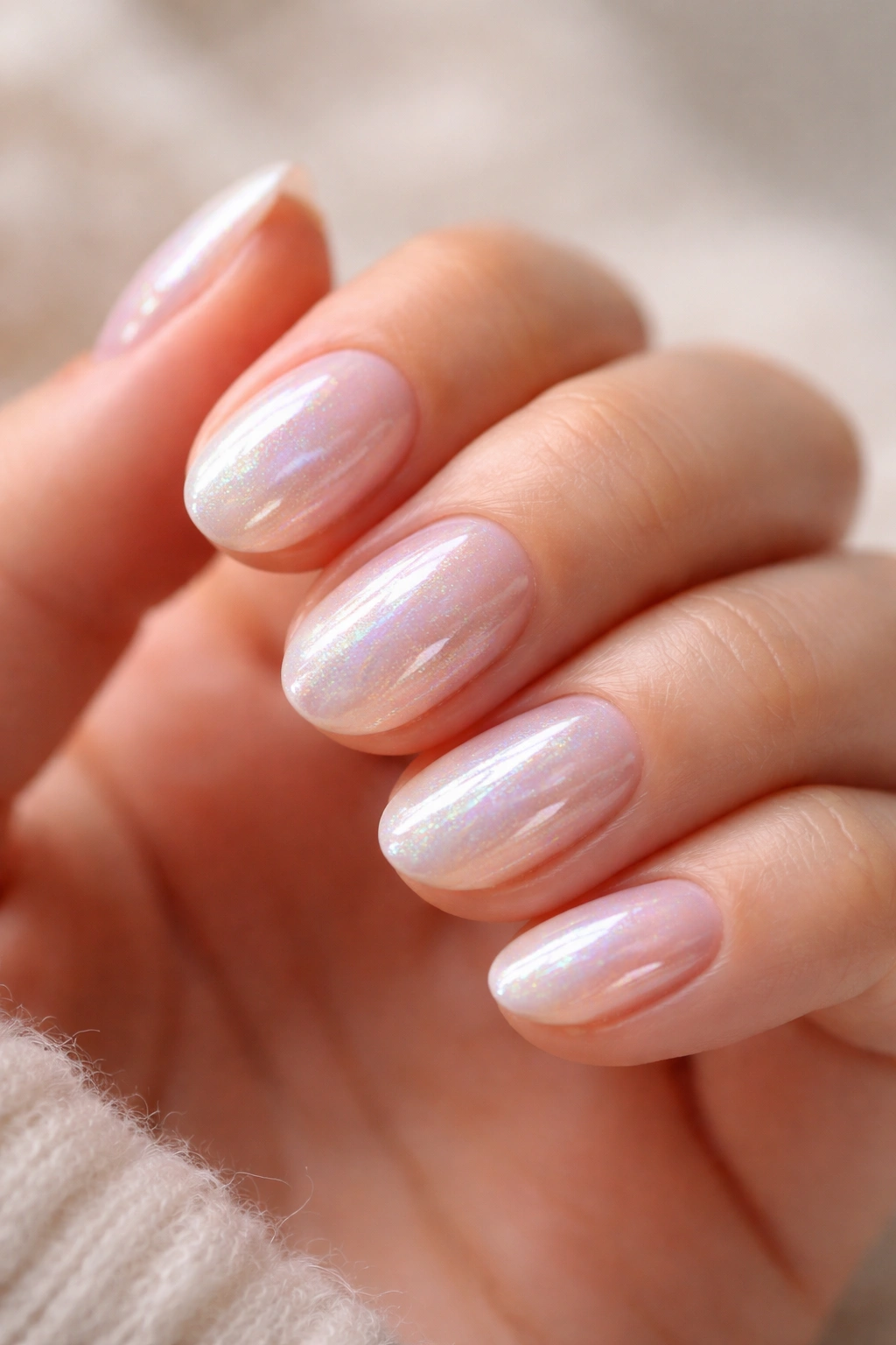 Close-up of short oval nails with iridescent opal shimmer on a neutral background