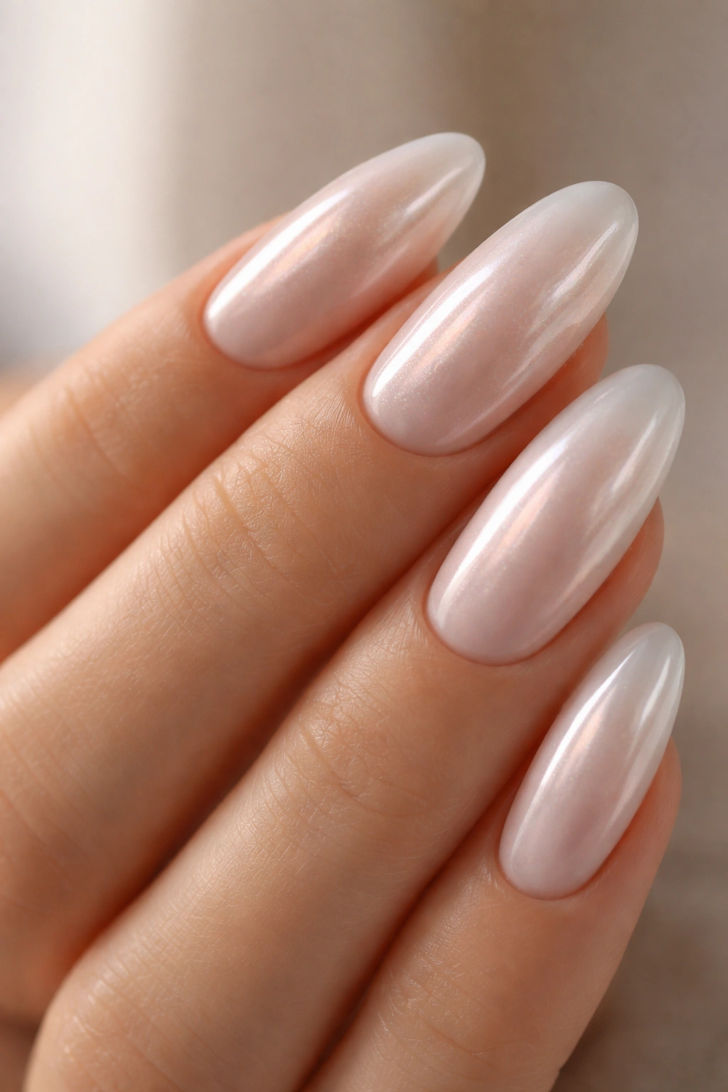 Close-up of a long oval nail with sheer milky base and pearlescent pearl chrome