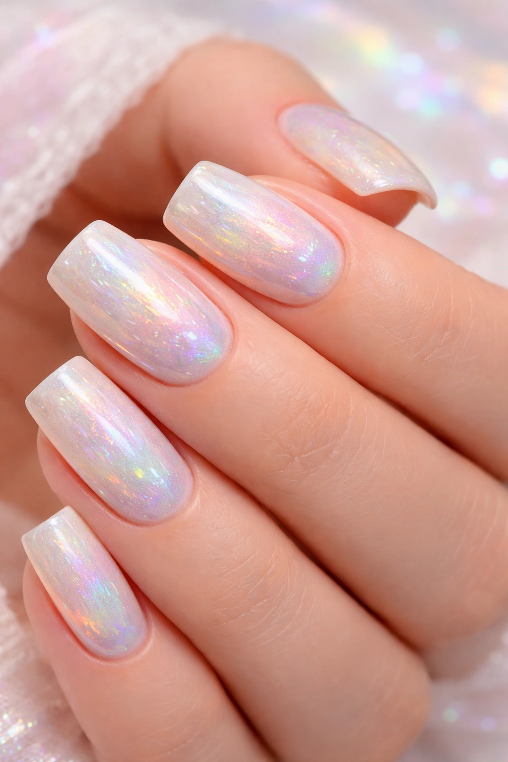 Close-up of Opal Shimmer nails with iridescent color shifts on creamy base