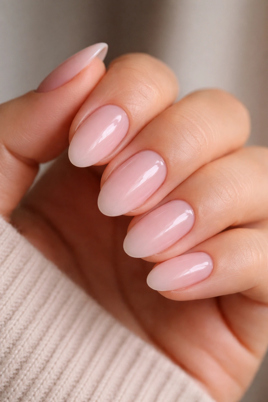 Close-up of short almond nails with opaque bubble-pink color