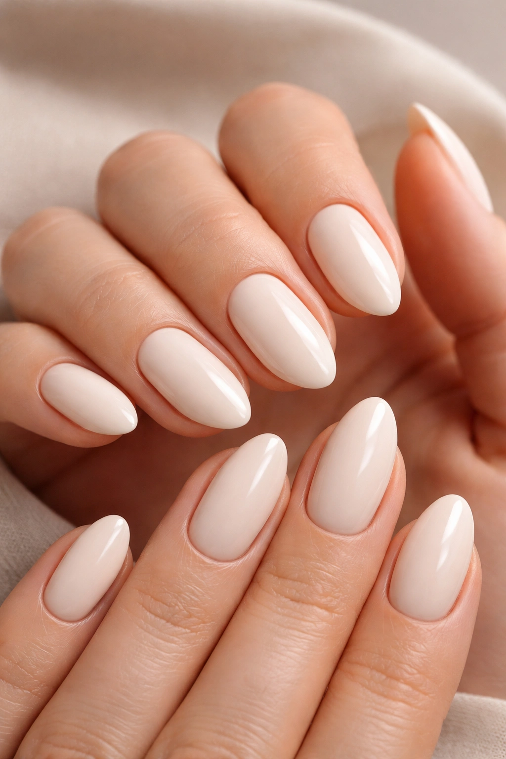 Close-up of short almond nails in opaque ivory polish.