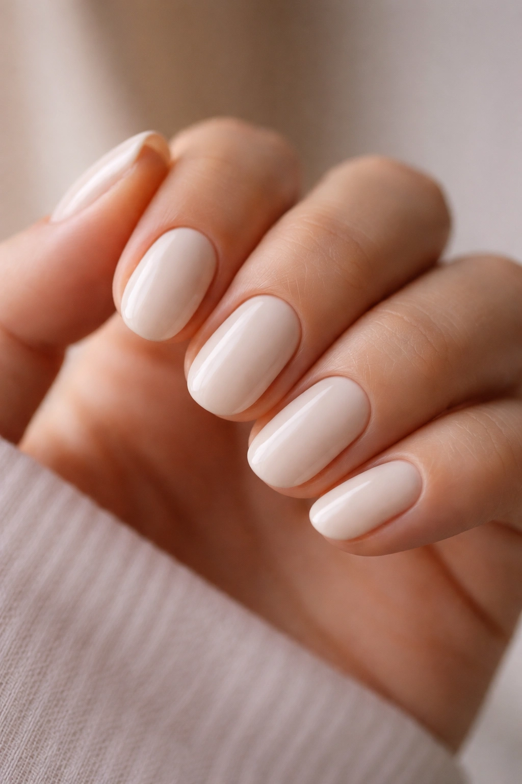 Close-up of opaque ivory oval nails on a bare hand with creamy finish