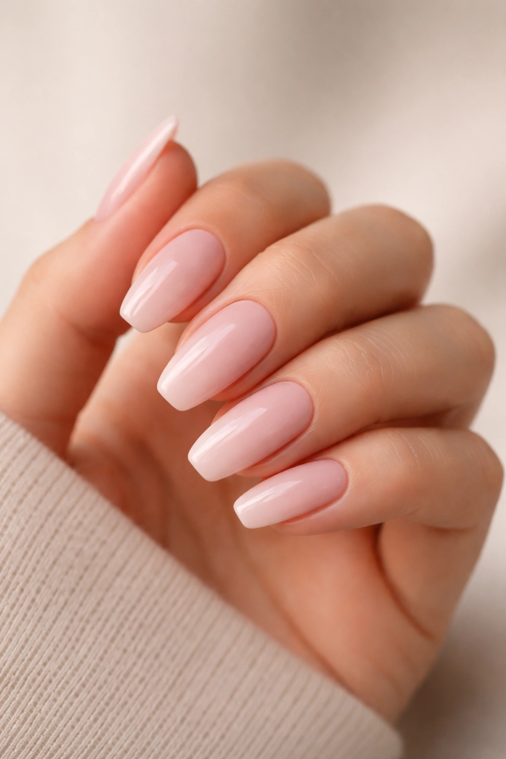 Almond nails with opaque milky pink and a soft square-cut edge.