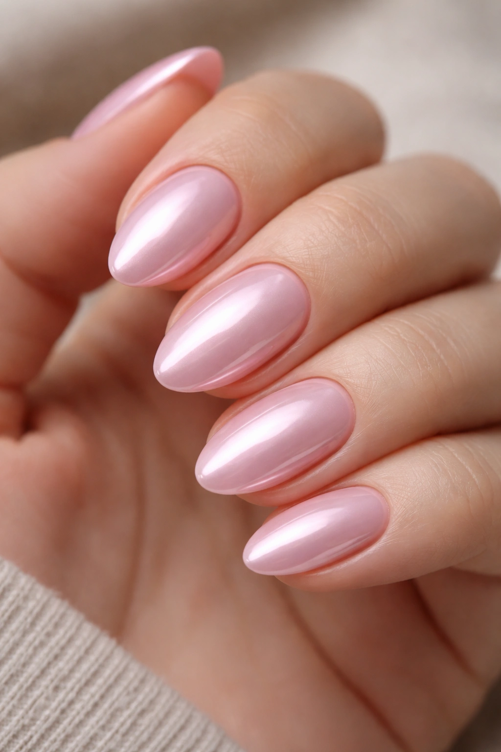 Opaque pink chrome on short almond nails with crisp edges