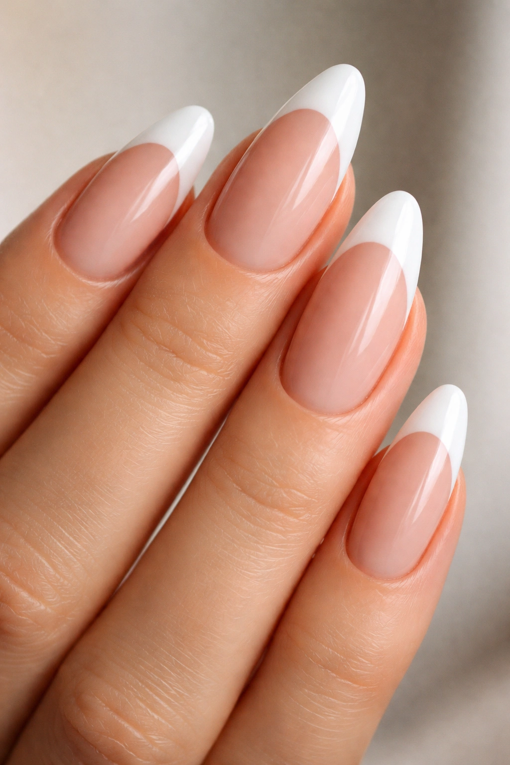 Close-up of almond nails with opaque white tips on nude base, crisp edge