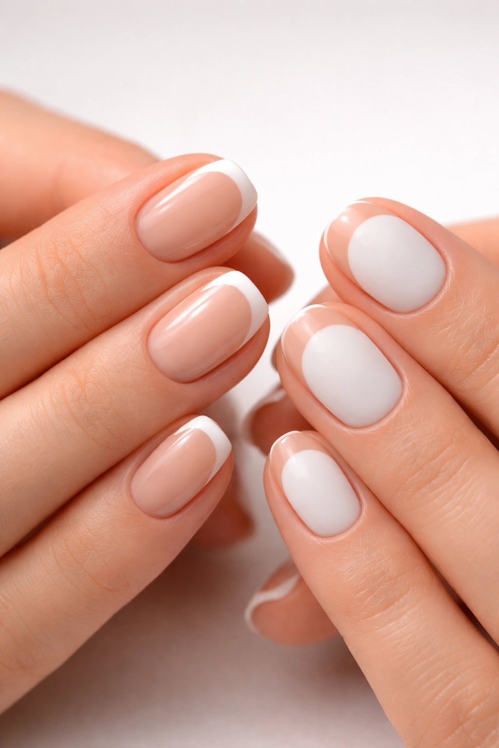 Close-up of two hands with inverted French tip nails on short nails