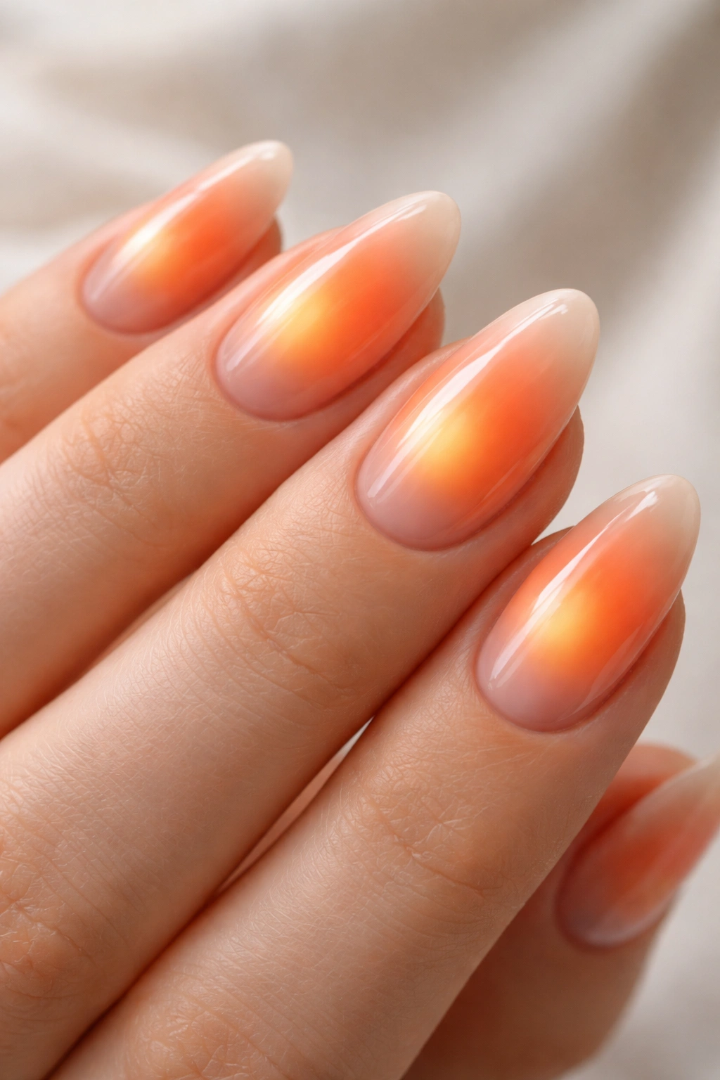 Close-up of orange aura nails with soft center glow on short almond nails