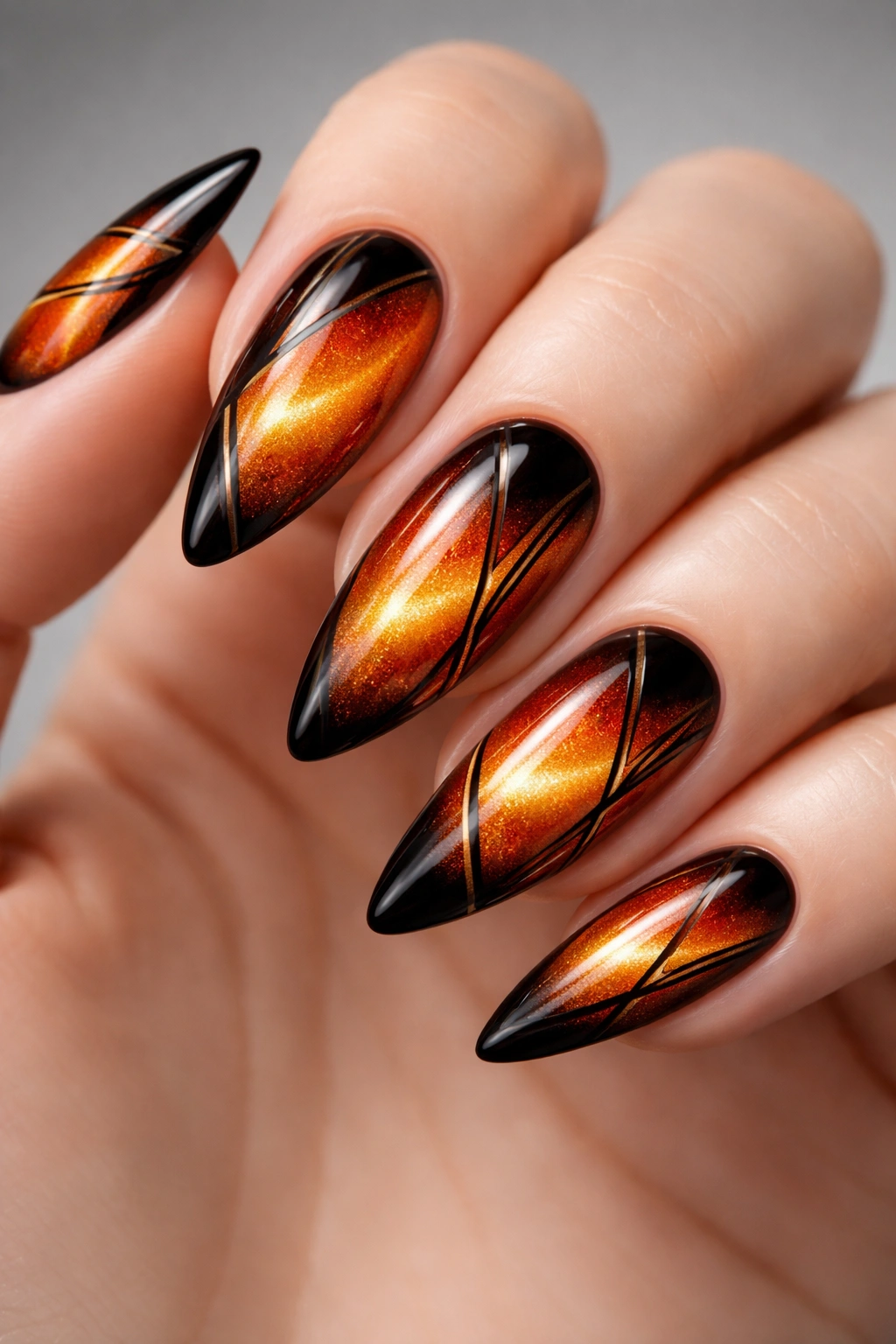Close-up of orange cat eye nails with black accents on a single hand, high contrast