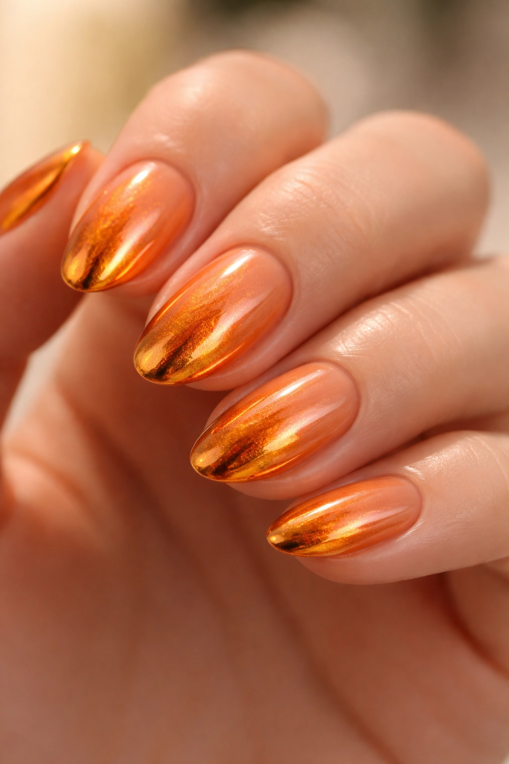 Close-up of orange chrome on short almond nail tips with warm orange base