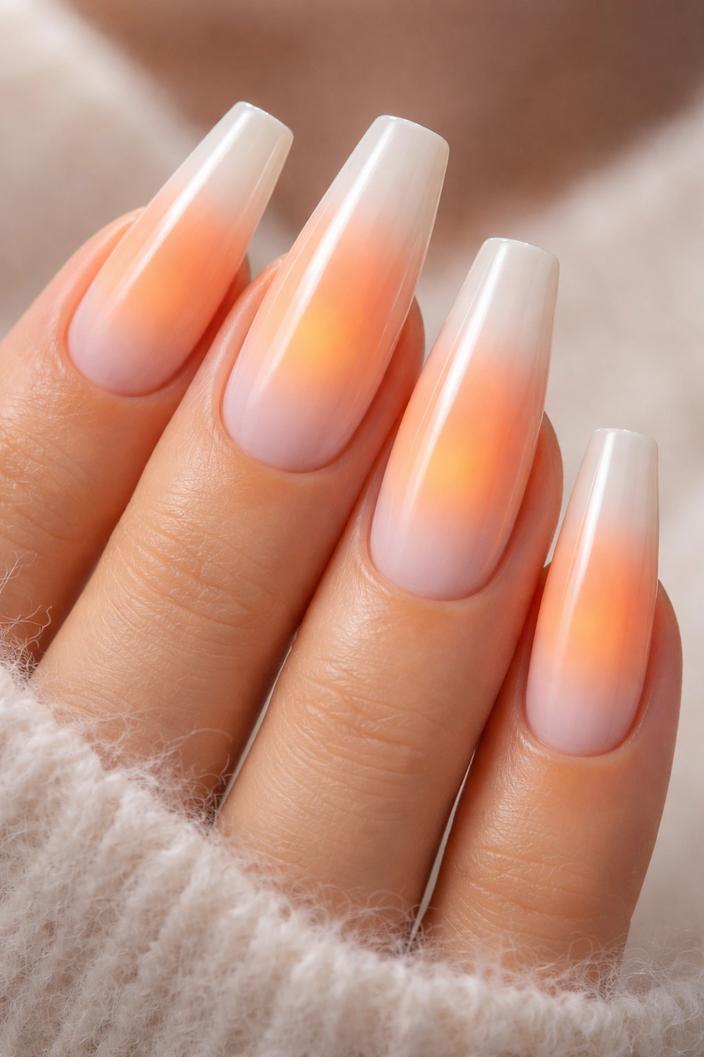 Close-up of aura nails with milky base and centered creamsicle orange glow.