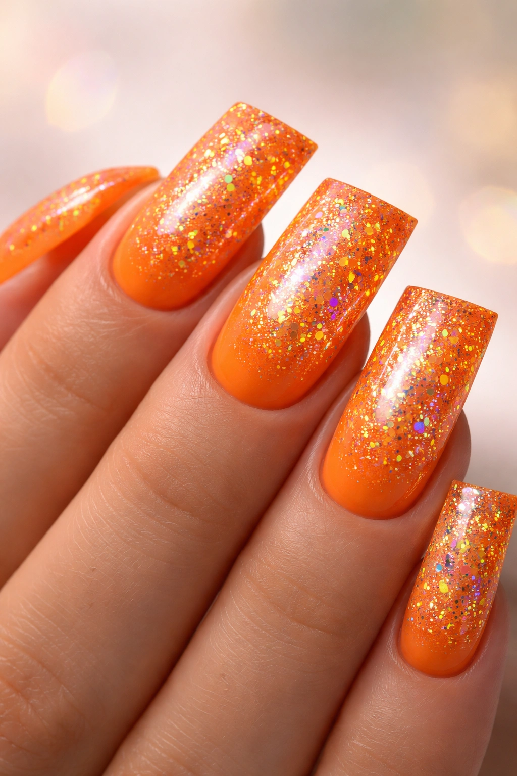 Close-up of orange duck nails with holographic sparkle on a hand, rainbow reflections