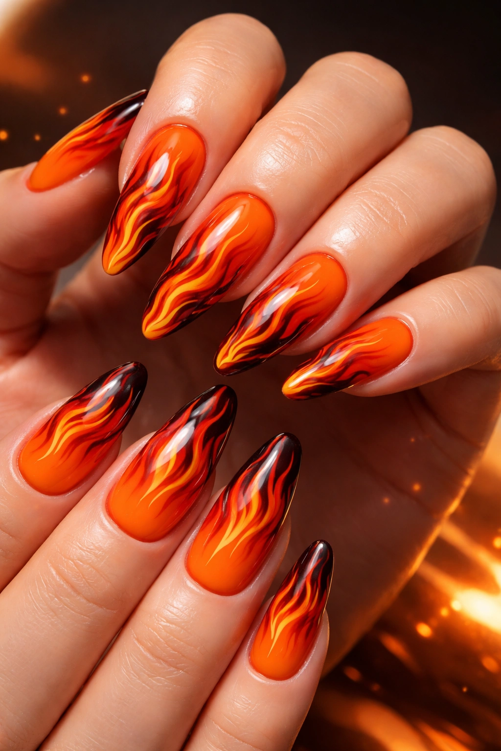 Close-up of orange nails with flame design