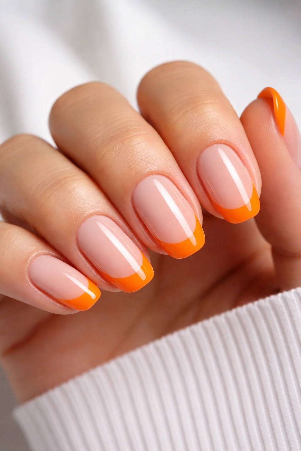 Nails with orange tips on a neutral base