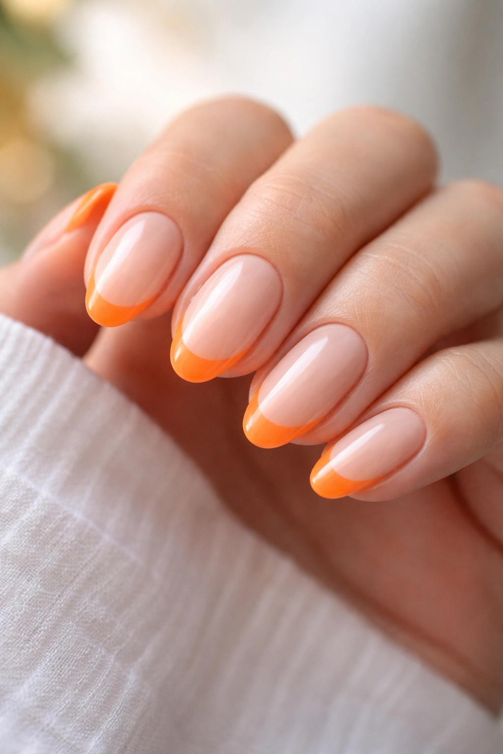 Close-up of orange French tip nails on a short almond shape