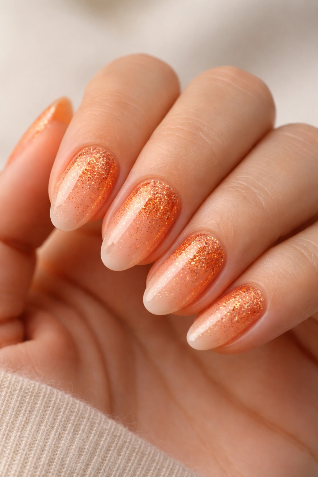 Close-up of short almond nails with orange glitter fade near the cuticle.