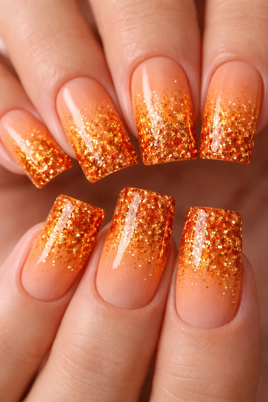 Duck nails with orange glitter gradient from base to tip