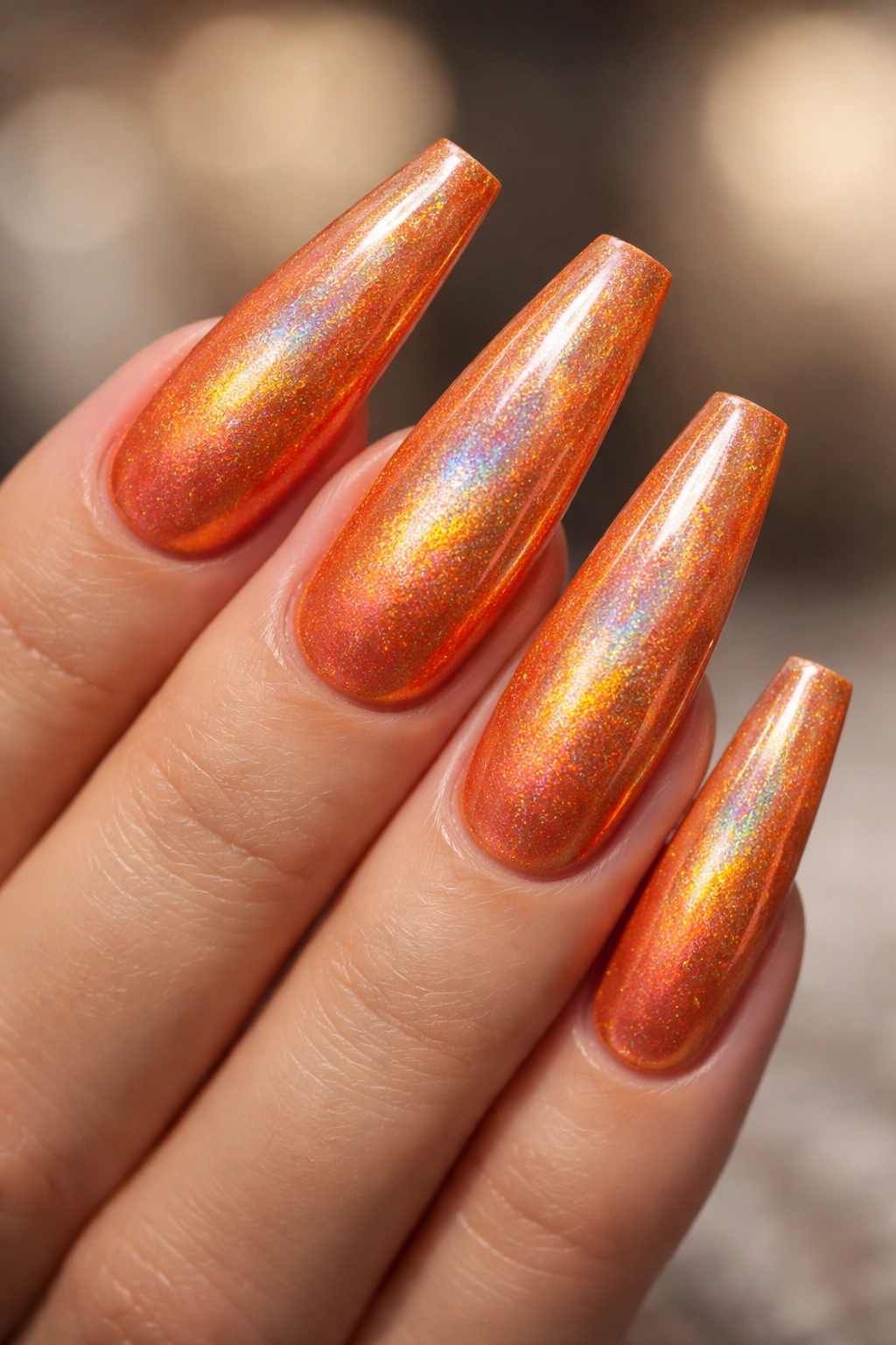 Coffin nails with orange holographic finish showing color shift