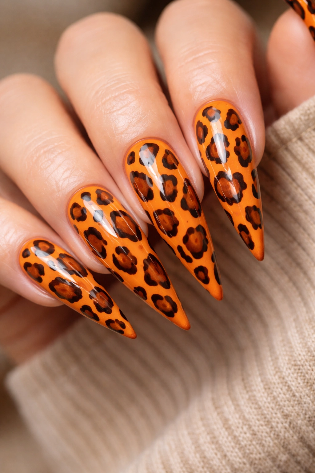 Close-up of orange stiletto nails with brown and black leopard print on a neutral background