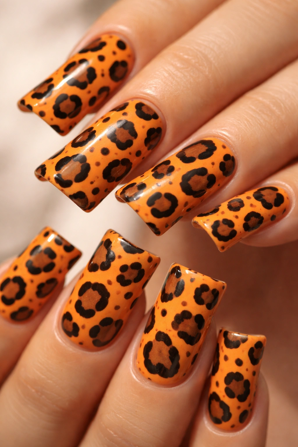 Close-up of orange duck nails with leopard print pattern
