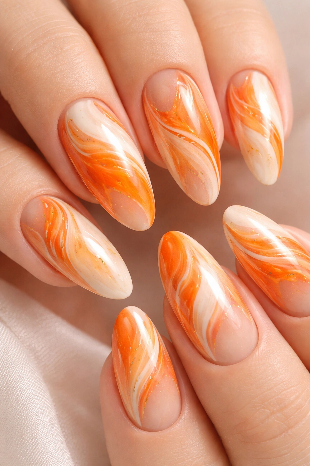 Close-up of orange marble nails with white and nude swirls