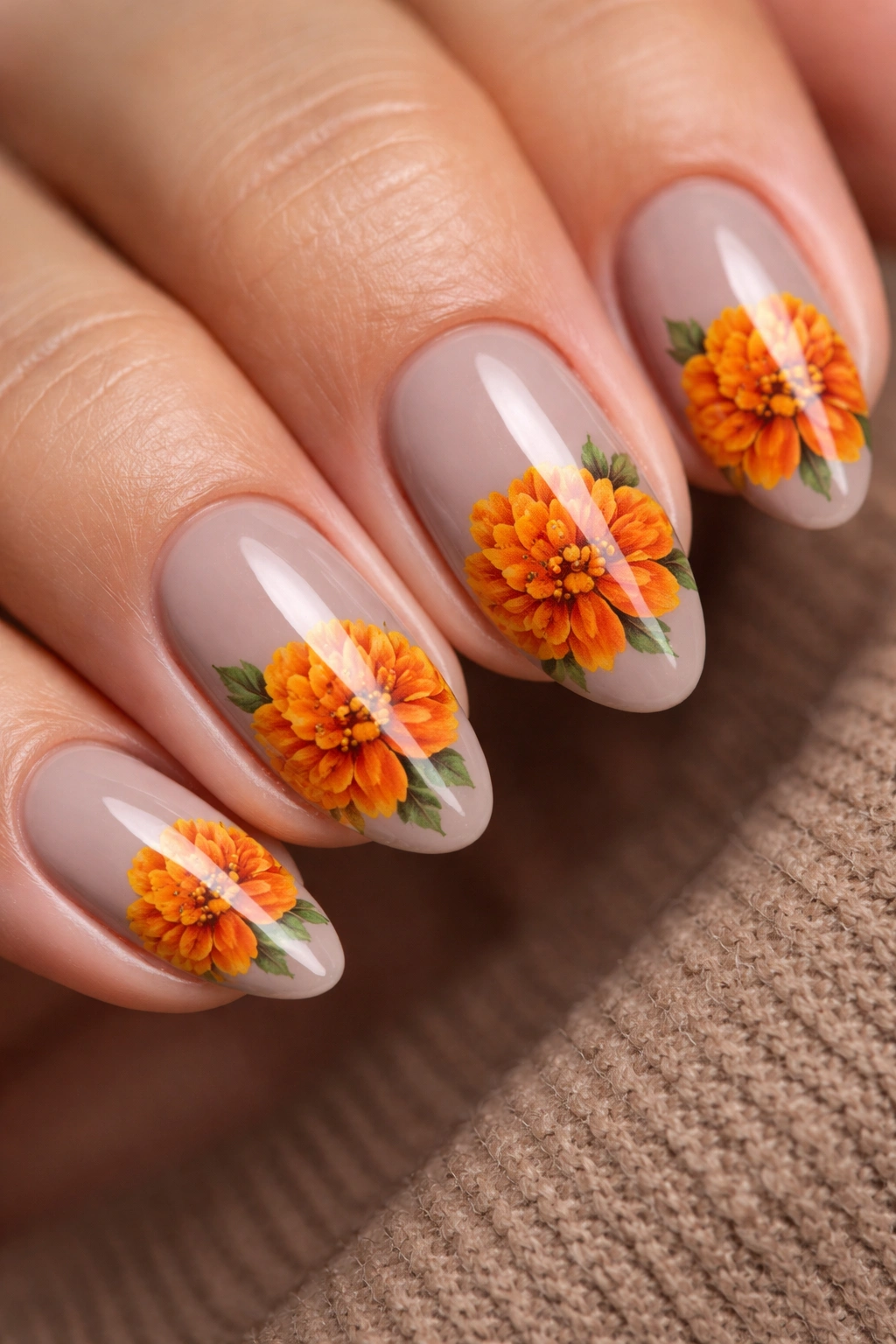 Close-up of orange marigolds on warm taupe nude almond nails