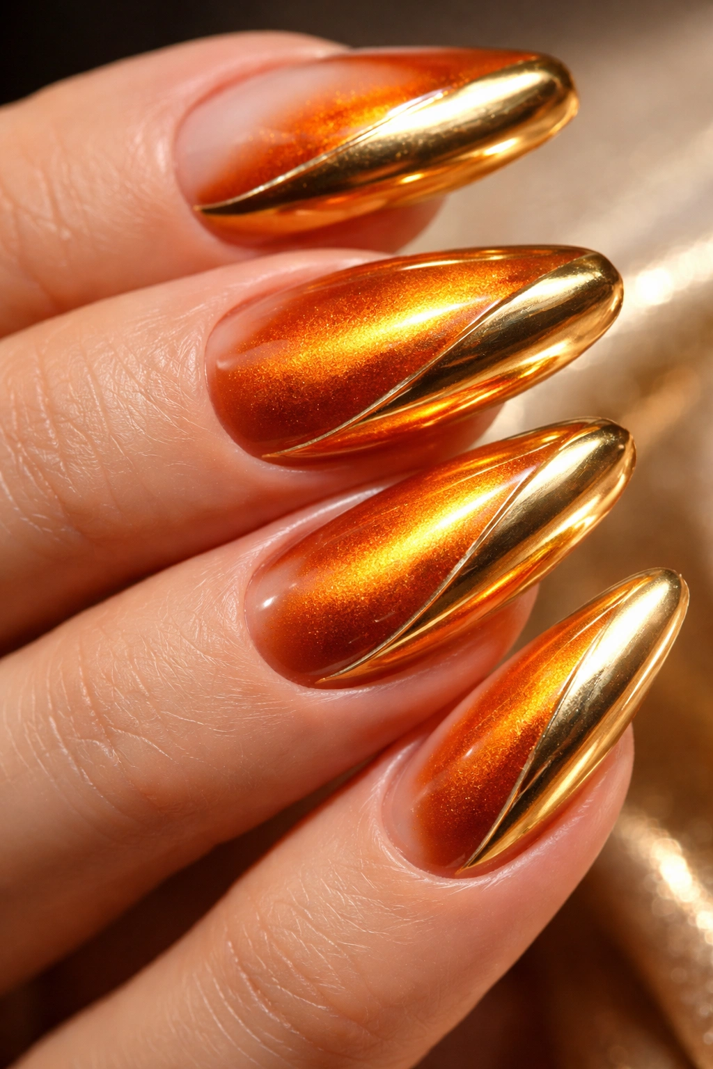 Orange cat-eye nails with gold chrome accents under bright lighting