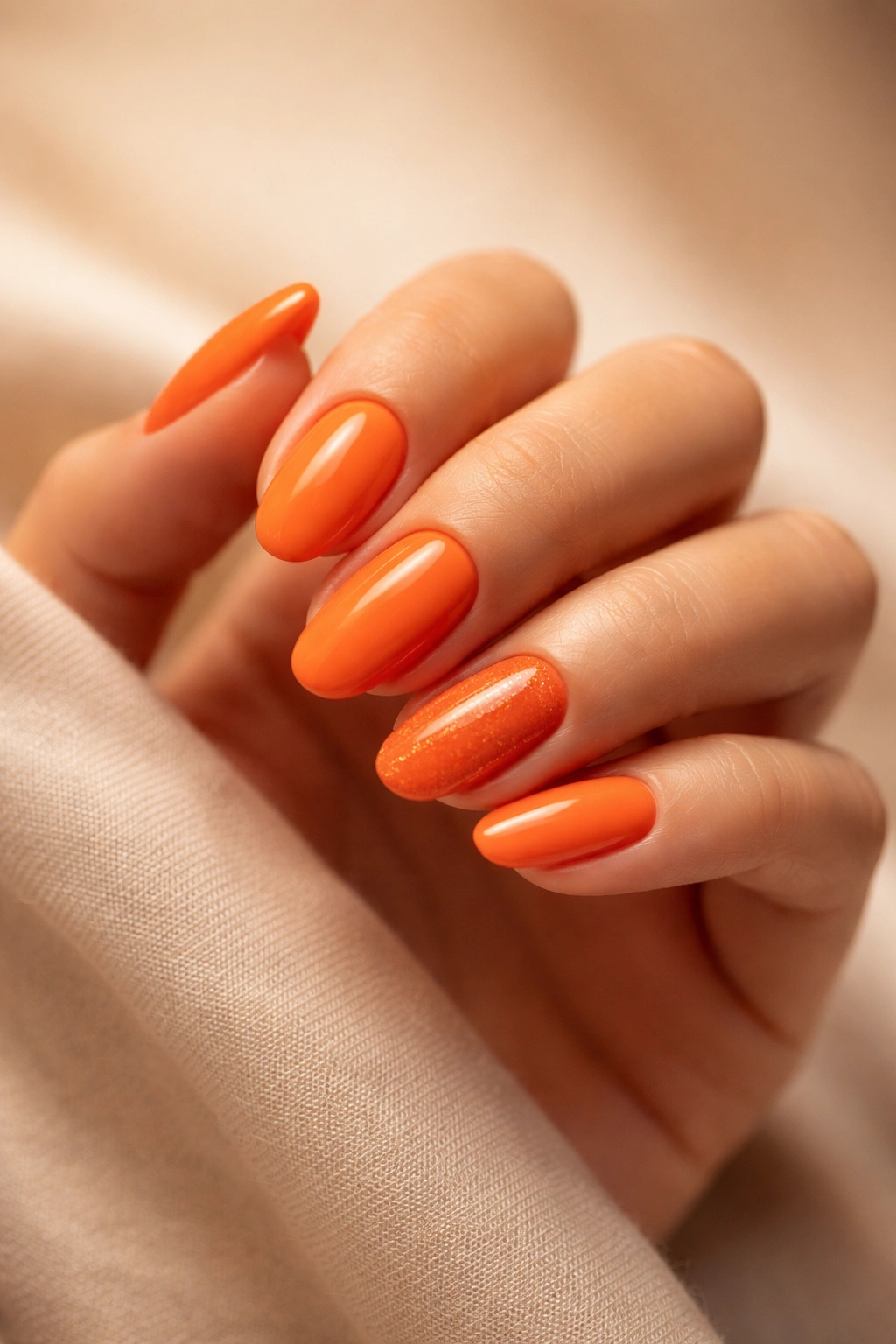 Close-up of orange nails in a calm warm setting