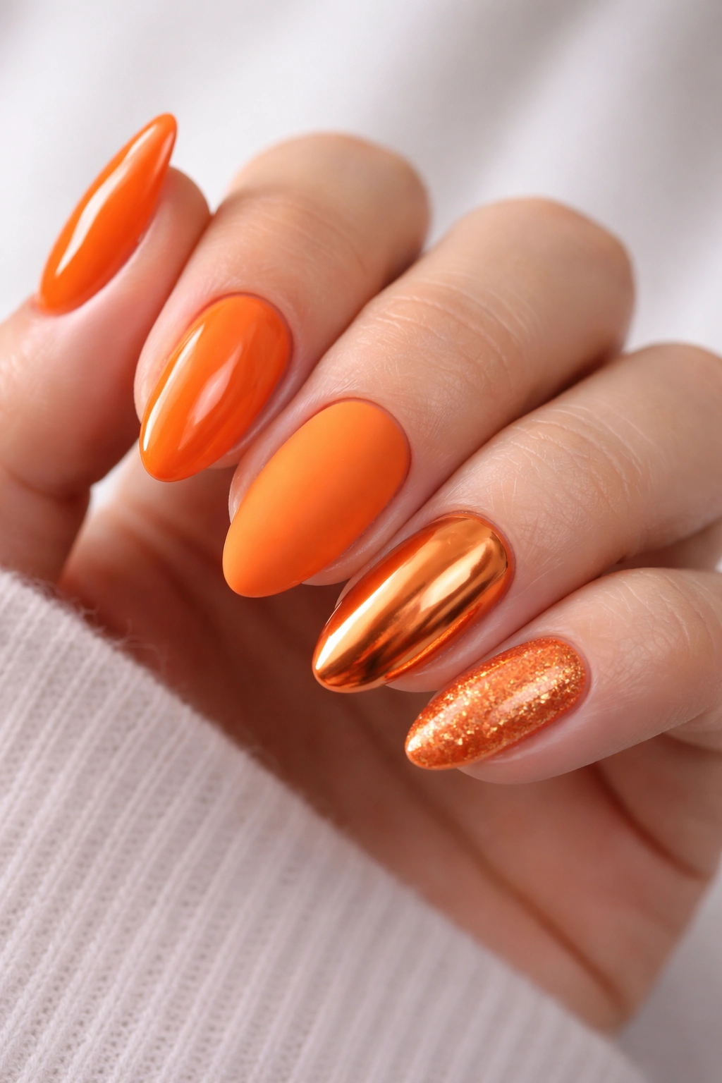 Close-up of orange almond nails in glossy, matte, chrome, and glitter finishes.